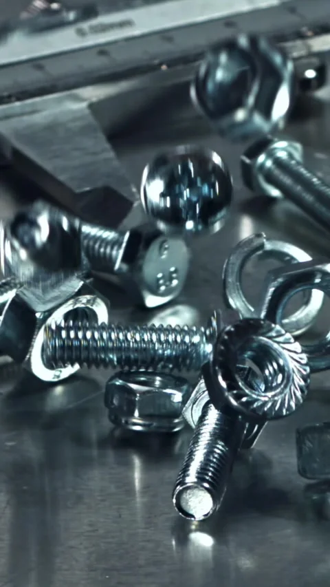 Falling nuts, bolts and washers on a metal table. Filmed on a high-speed camera Stock Footage 335371739
