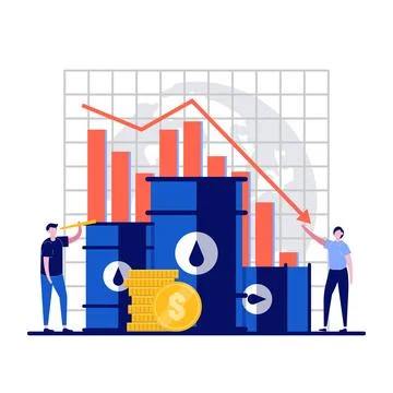 Falling oil prices concept with tiny character. People analysing data with .. Stock Illustration