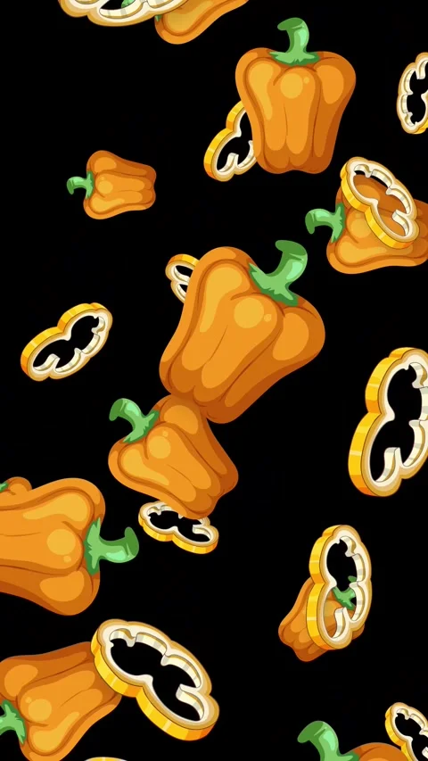 Falling Orange Bell Peppers and Slices on Black Background Stock Footage 342218871