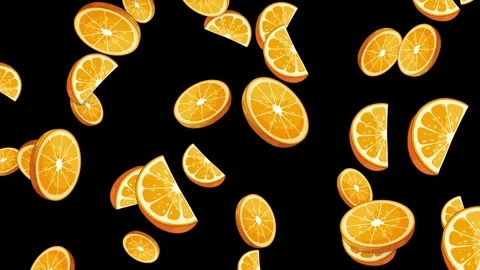 Falling Orange Slices and Wedges Animation on Black Background Stock Footage 346372478