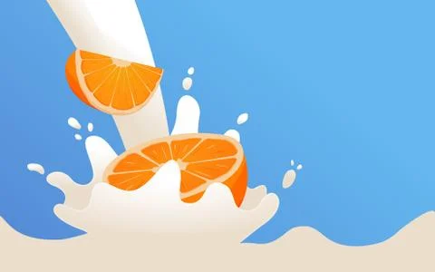 Falling orange splash of milk. Tropical citrus fruit. Realistic vector illust Stock Illustration