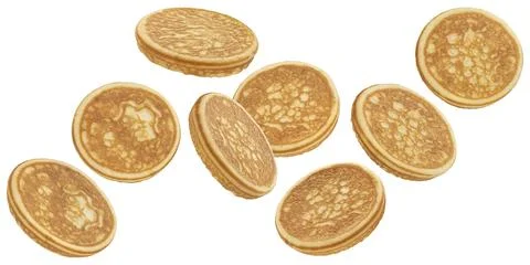 Falling pancakes isolated on white background, package design element Stock Photos