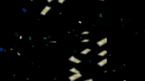 Falling paper money bills and colorful confetti pieces drifting down against a Stock-Footage 340613261