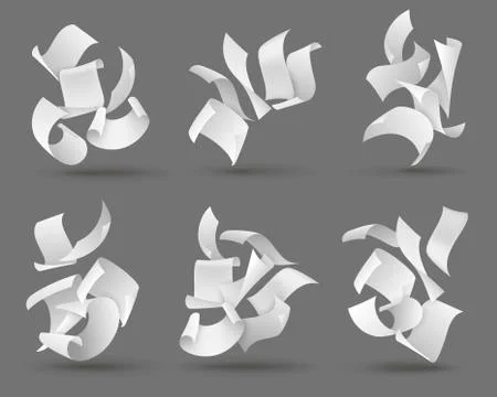 Falling paper sheets. White flying papers with curved corners. Blank document Stock Illustration