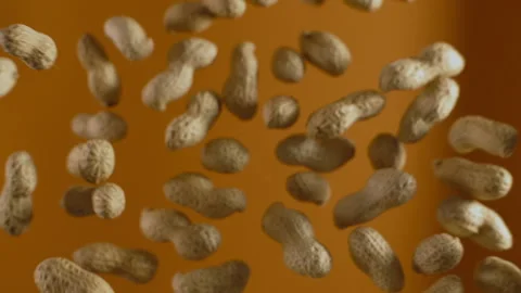 Falling peanuts in slow motion on the orange background Video stock 143783019