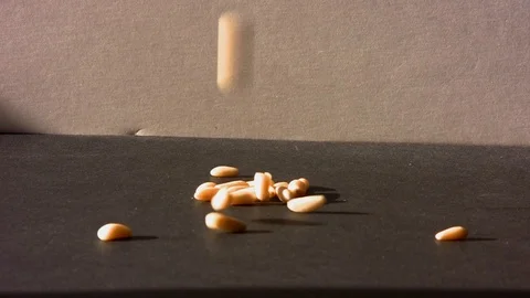 Falling of a peeled pine nuts on a table Stock Footage 104195023