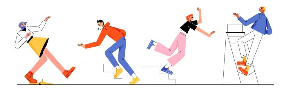 Falling people, clumsy characters fall down set Stock Illustration