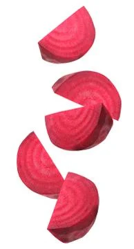 Falling pieces of beetroot isolated on white background. Foto stock