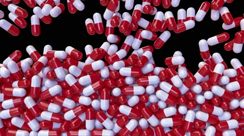 Falling Pill Capsules Pilling and Building up a Wall, 4k 3d Animation With Matte Video stock 64295137