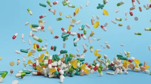 Falling pills, capsules on a blue background. Heap colorful pills. The rotating Stock Illustration