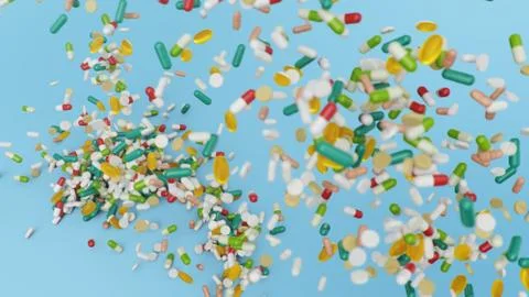 Falling pills, capsules on a blue background. Heap colorful pills. The rotating Stock Illustration