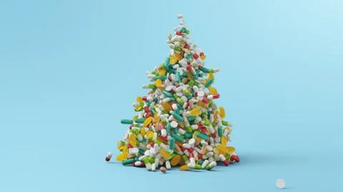 Falling pills, capsules on a blue background. Heap colorful pills. The rotating Stock Illustration