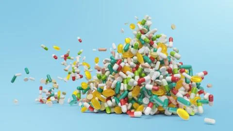 Falling pills, capsules on a blue background. Heap colorful pills. The rotating Stock Illustration