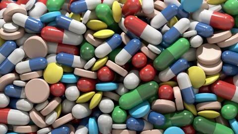 Falling Pills Fill the Screen, Form a Medicine Pile and Pour Away. Stock Footage 340410033