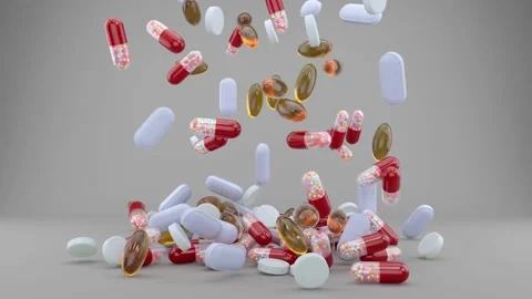 Falling Pills Slowly in a 3D animation Stock Footage 238972287