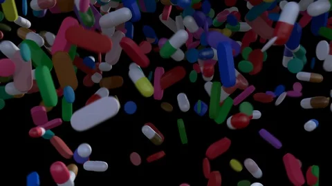 Falling Pills Transition with B&amp;W Alpha End Stock Footage 94357569