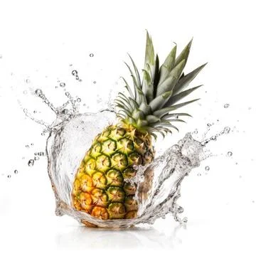 Falling pineapple meets water in a splash white background Stock Photos