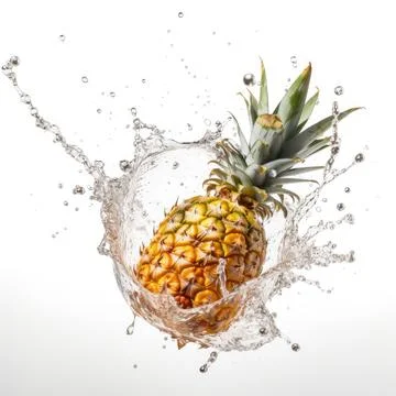 Falling pineapple meets water in a splash white background Stock Photos