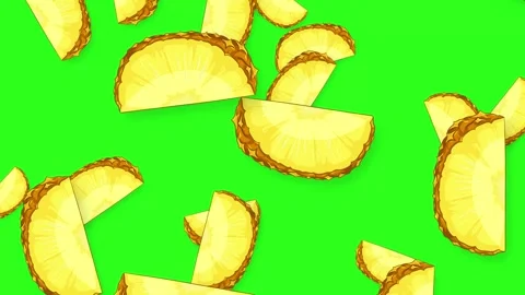Falling Pineapple Slices Animation on Bright Green Background Stock Footage 346570668