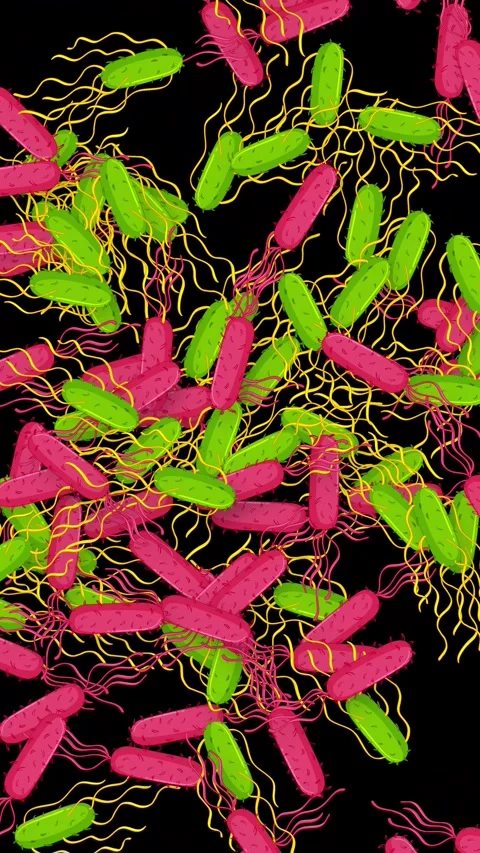 Falling Pink and Green Bacteria Microorganisms on Black Background Stock Footage 342118031