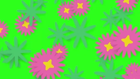 Falling Pink and Green Stylized Flowers on Green Screen Background Stock Footage 342470579