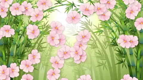 Falling Pink Blossoms and Green Bamboo Stalks Graphic Animation Stock Footage 339527559