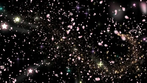Falling pink cherry blossom petals and glowing stars on a black background. 库存影片 345017185