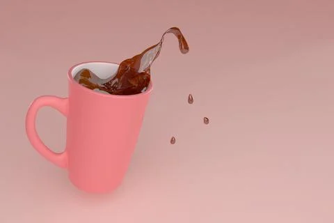 A falling pink cup with splashing brown tea. 3D render. Stock Illustration