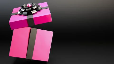 Falling pink gift box with black ribbon and bow isolated on black background and Stock Illustration