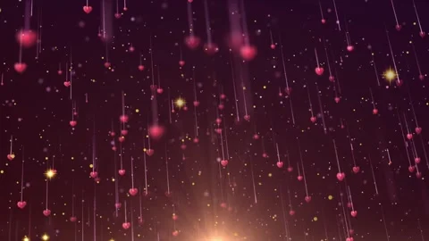 Falling pink hearts motion background featuring glowing golden particles and Vídeo Stock 345103401