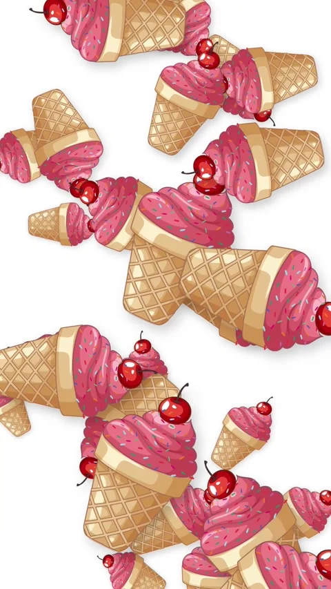 Falling Pink Ice Cream Cones with Cherries on White Background Stock Footage 344230943