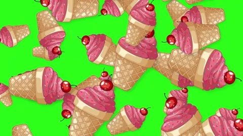 Falling Pink Ice Cream Cones with Cherries on Green Background Stock Footage 344714515
