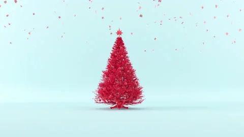 Falling Pink maple with Red Christmas Tree on blue background. 3D animation. Stock Footage 141493567