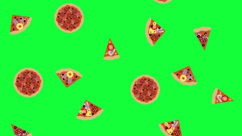 Falling Pizza and slices animation elements, seamless loop, on green screen Stock Footage 130028083