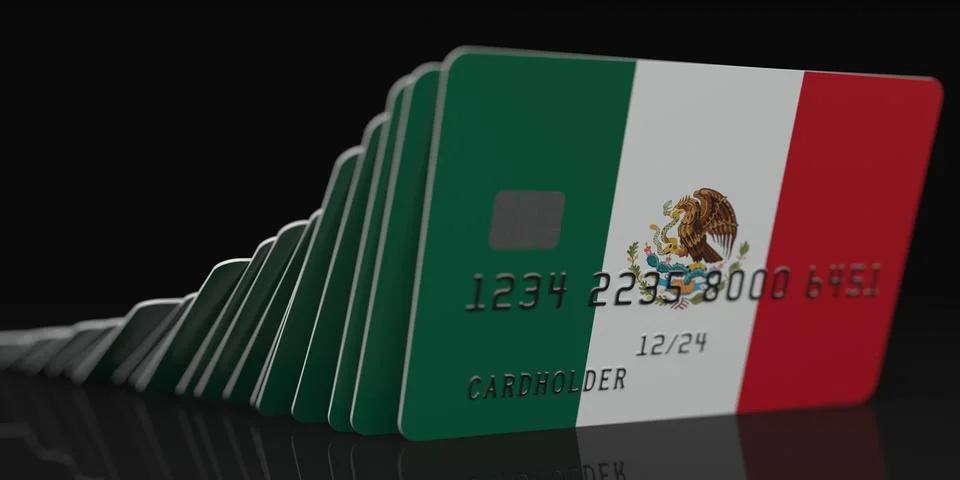 Falling plastic cards with flag of Mexico on dark background, fictional data on Stock Illustration