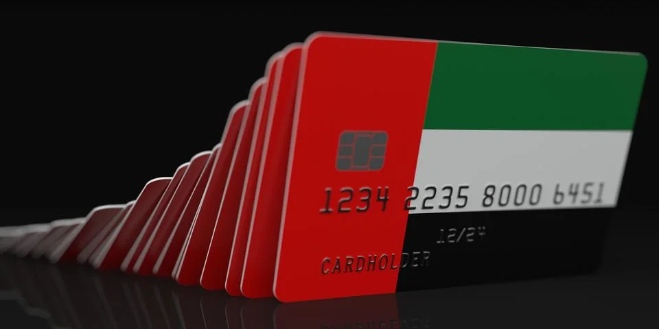 Falling plastic cards with flag of the UAE on dark background, fictional data on 库存插图