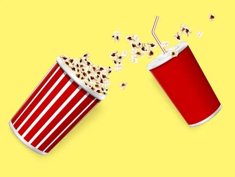 Falling popcorn and soda cup on yellow background Stock Illustration