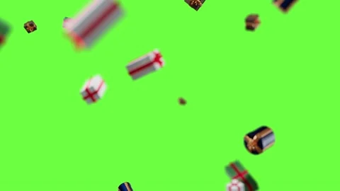 Falling presents with depth of field isolated on green background 3d render Stock Footage 221485122