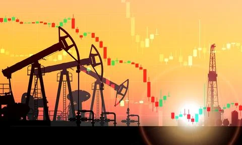 Falling price. Pumpjack, drilling rig on oil price chart. Price per barrel Stock Illustration