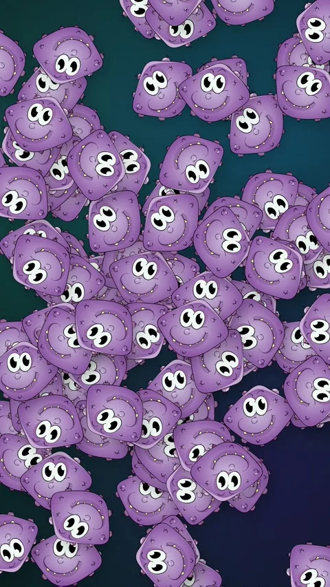 Falling Purple Cartoon Germs and Bacteria Characters on Dark Background Stock Footage 340968477