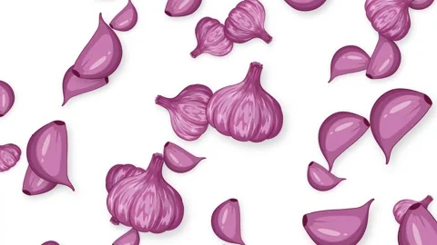 Falling Purple Garlic Bulbs and Cloves Animation on White Background Stock Footage 345311226