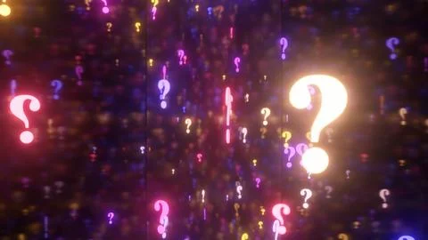 Falling Question Mark Symbols Neon Glowing Rotating Mystery Concept Stock Illustration