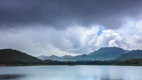 Falling Rain Clouds Over Mountain And Lake 4K Time Lapse (tilt down) Stock Footage 85294951