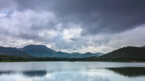 Falling Rain Clouds Over Mountain And Lake 4K Time Lapse Stock Footage 85294976