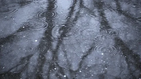 Falling rain drops on reflected puddle in slow motion. Water drops. Stock Footage 154923127