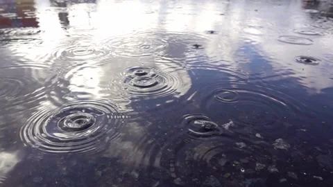 Falling rain drops on reflected puddle in slow motion. Water drops. Stock Footage 155478821