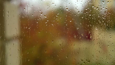 Falling rain drops on window surface close-up. Natural autumn red and yellow Stock Footage 281397890