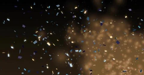 Falling rectangular confetti, metallic flakes and warm golden bokeh glowing over Stock Illustration