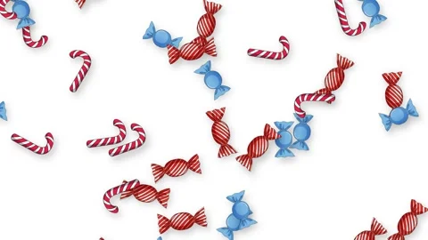 Falling Red and Blue Wrapped Candies and Canes on White Background Stock Footage 339044089