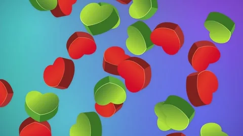 Falling Red and Green 3D Hearts on Gradient Mesh Background Stock Footage 344616977